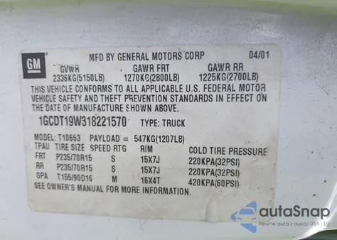 2001 Chevrolet S-10 z USA, uszkodzony, nr VIN 1GCDT19W318221570